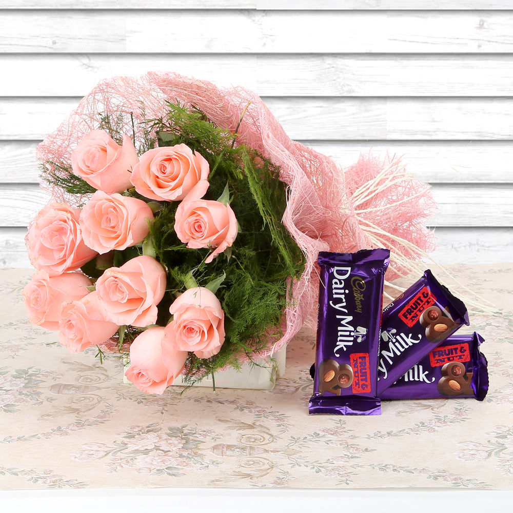 Bouquet of Pink roses with Chocolates - for online delivery for your love - birthday anniversary congratulations good-luck - free urgent delivery India - Delhi Mumbai Bangalore Pune Hyderabad Chennai Kolkata Ahmedabad NOIDA Gurugram