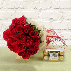 Bouquet of 20 red roses and ferrero rocher chocolates in luxury wrapping - for birthday anniversary valentine congratulations good-luck - free urgent delivery India - Delhi Mumbai Bangalore Pune Hyderabad Chennai Kolkata Ahmedabad