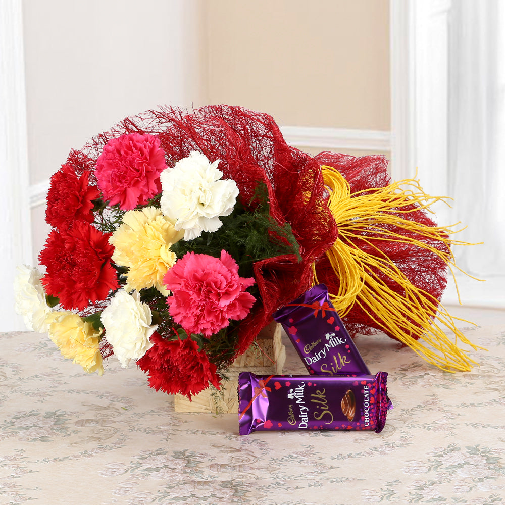 10 Mix Carnations bouquet beautifully wrapped with chocolates - Free delivery Delhi, Mumbai, India