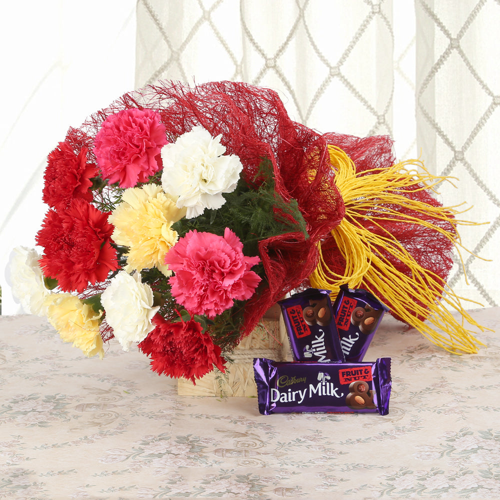 Bouquet of colorful carnations and chocolates - for birthday anniversary valentine congratulations good-luck - free urgent delivery India - Delhi Mumbai Bangalore Pune Hyderabad Chennai Kolkata Ahmedabad