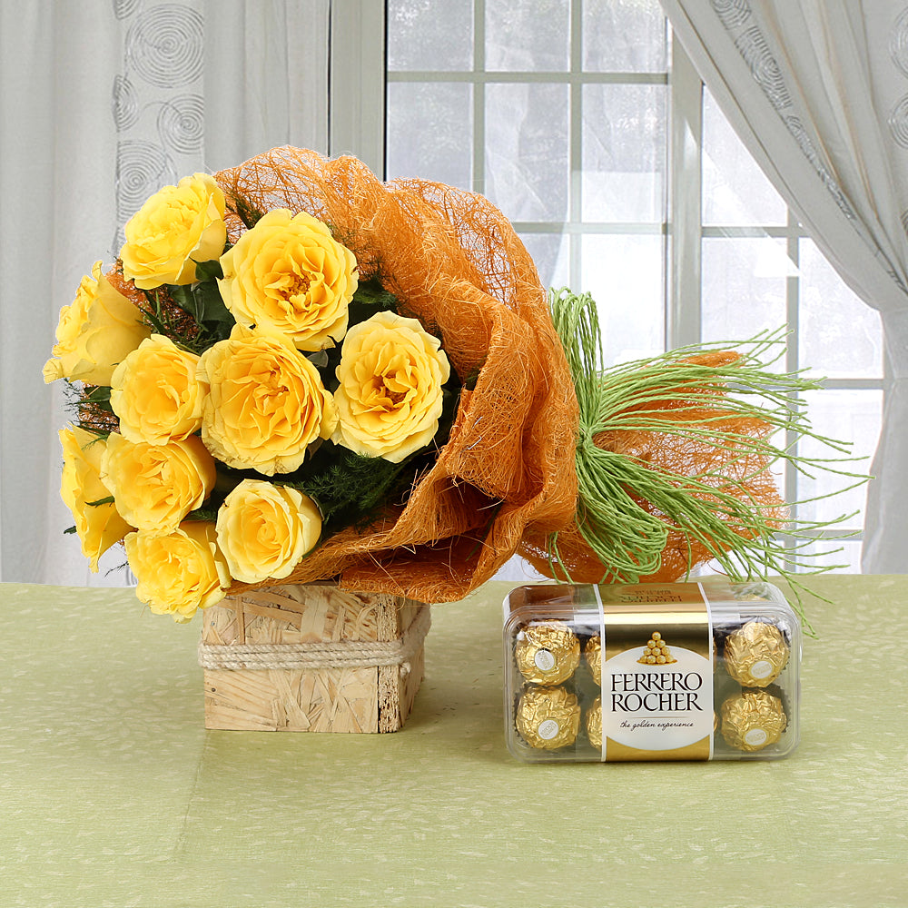 Bouquet of yellow roses in luxury wrapping with ferrero rocher chocolates- for online delivery - birthday anniversary congratulations good-luck - free urgent delivery India - Delhi Mumbai Bangalore Pune Hyderabad Chennai Kolkata Ahmedabad NOIDA Gurugram