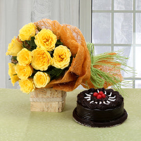 Gift bouquet of yellow roses flowers with cake - for birthday anniversary - free delivery India - Delhi Mumbai Bangalore Pune Hyderabad Chennai Kolkata Ahmedabad