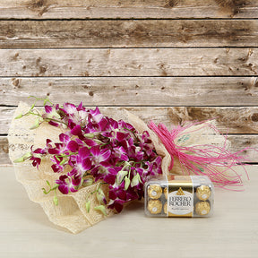 Bouquet of Purple Orchids with Ferrero Rocher Chocolates- for online delivery for your love - birthday anniversary congratulations good-luck - free urgent delivery India - Delhi Mumbai Bangalore Pune Hyderabad Chennai Kolkata Ahmedabad NOIDA Gurugram