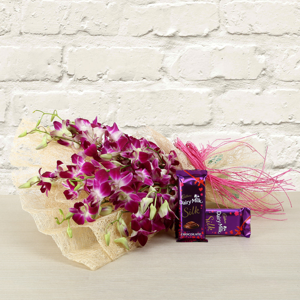 Bouquet of Purple Orchids with Chocolates - for online delivery for your love - birthday anniversary congratulations good-luck - free urgent delivery India - Delhi Mumbai Bangalore Pune Hyderabad Chennai Kolkata Ahmedabad NOIDA Gurugram