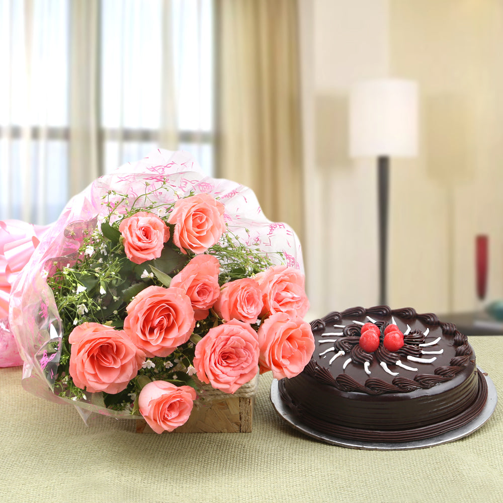 Bouquet of Pretty Pink Roses with Chocolate Cake - for online delivery for your love - birthday anniversary congratulations good-luck - free urgent delivery India - Delhi Mumbai Bangalore Pune Hyderabad Chennai Kolkata Ahmedabad NOIDA Gurugram