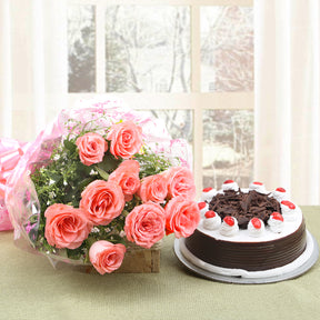 Bouquet of Pretty Pink Roses with Black Forest Cake- for online delivery for your love - birthday anniversary congratulations good-luck - free urgent delivery India - Delhi Mumbai Bangalore Pune Hyderabad Chennai Kolkata Ahmedabad NOIDA Gurugram