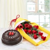 Bouquet red roses and Chocolate Truffle Cake- for online delivery for your love - birthday anniversary congratulations good-luck - free urgent delivery India - Delhi Mumbai Bangalore Pune Hyderabad Chennai Kolkata Ahmedabad NOIDA Gurugram