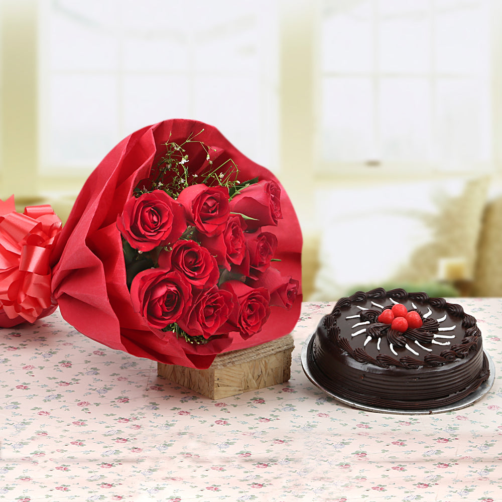 Bunch of 10 red roses with chocolate truffle cake - for birthday anniversary valentine congratulations good-luck - free urgent delivery India - Delhi Mumbai Bangalore Pune Hyderabad Chennai Kolkata Ahmedabad