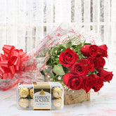 Bouquet of Red roses with Ferrero Rocher Chocolates. Perfect for Valentine - for online delivery for your love - birthday anniversary congratulations good-luck - free urgent delivery India - Delhi Mumbai Bangalore Pune Hyderabad Chennai Kolkata Ahmedabad NOIDA Gurugram