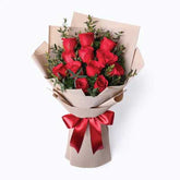 Bouquet of dozen red premium rose flowers in luxury wrapping - for online delivery for birthday anniversary valentine congratulations good-luck - free urgent delivery India - Delhi Mumbai Bangalore Pune Hyderabad Chennai Kolkata Ahmedabad