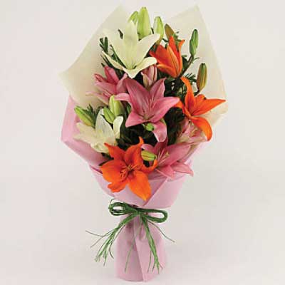 Bouquet of Pink, White and Orange Lilies in luxury wrapping - for online delivery for your love - birthday anniversary congratulations good-luck - free urgent delivery India - Delhi Mumbai Bangalore Pune Hyderabad Chennai Kolkata Ahmedabad NOIDA Gurugram