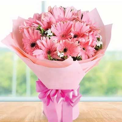 Bouquet of 10 pretty pink gerberas flowers - for birthday anniversary valentine congratulations good-luck - free urgent delivery India - Delhi Mumbai Bangalore Pune Hyderabad Chennai Kolkata Ahmedabad