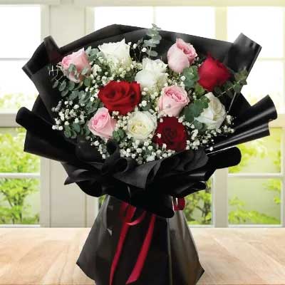 Bouquet of red, white and pink roses flowers - for birthday anniversary valentine congratulations good-luck - free urgent delivery India - Delhi Mumbai Bangalore Pune Hyderabad Chennai Kolkata Ahmedabad