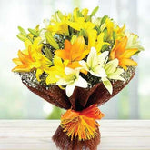 Bouquet of Asiatic Lily flowers in white, yellow and orange with luxury wrapping - for online delivery for your love - birthday anniversary congratulations good-luck - free urgent delivery India - Delhi Mumbai Bangalore Pune Hyderabad Chennai Kolkata Ahmedabad NOIDA Gurugram