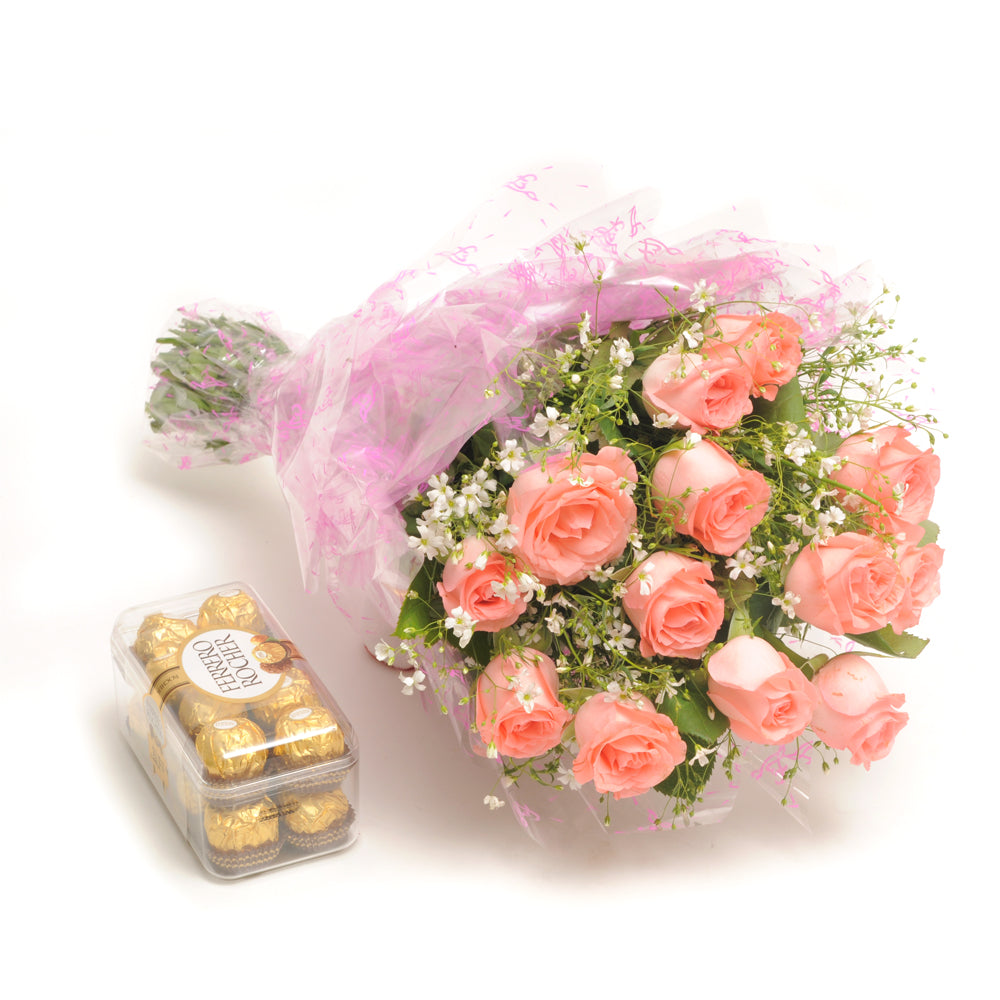 Bunch of 12 pink roses with a box of ferrero rocher chocolates flowers - for birthday anniversary valentine congratulations good-luck - free urgent delivery India - Delhi Mumbai Bangalore Pune Hyderabad Chennai Kolkata Ahmedabad