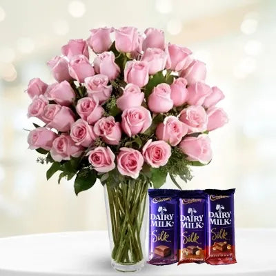 Pink Roses In A Vase & Chocolates