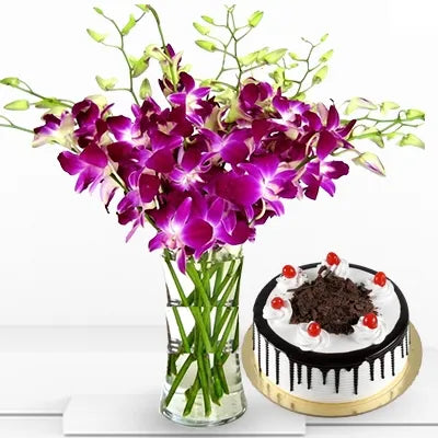 Purple Orchids with Black Forest Cake