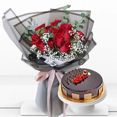 Premium Red Roses Bouquet With Chocolate Cake