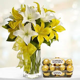 Yellow & White Lilies With Ferrero Rocher Chocolates