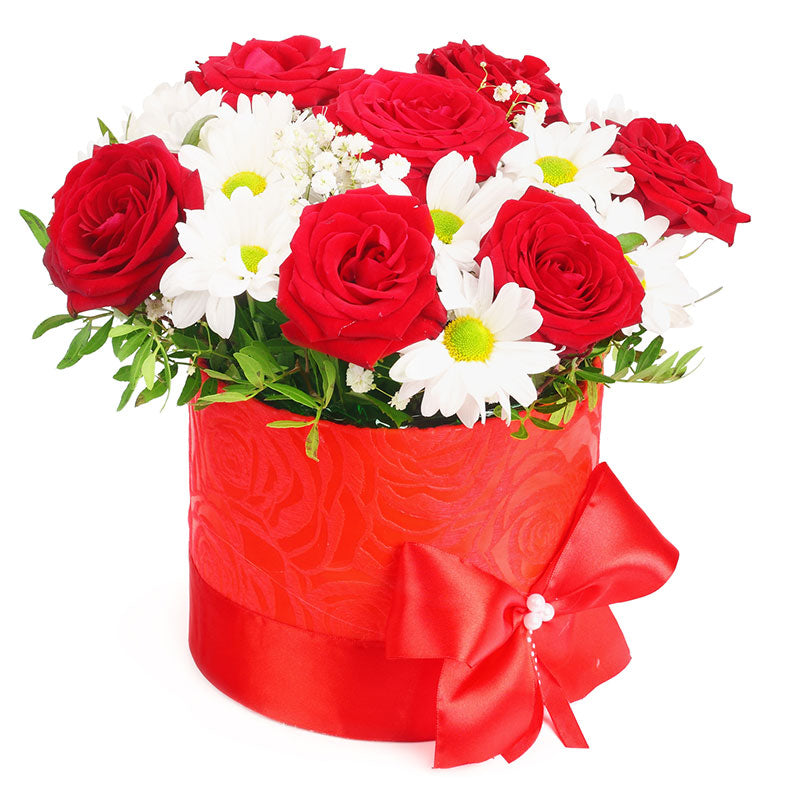 Red box with Roses and Daisies