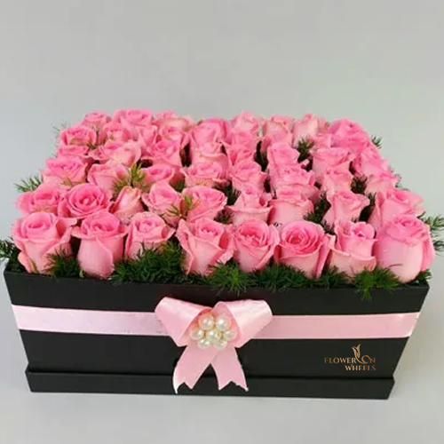 Luxury gift box of 50 pink roses flowers - for birthday anniversary valentine - free urgent delivery India - Delhi Mumbai Bangalore Pune Hyderabad Chennai Kolkata Ahmedabad