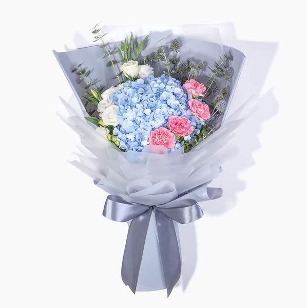 Bouquet of blue hydrangeas and carnations flowers - for birthday anniversary valentine congratulations good-luck - free urgent delivery India - Delhi Mumbai Bangalore Pune Hyderabad Chennai Kolkata Ahmedabad