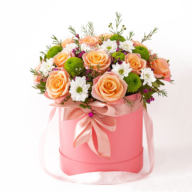 Pastel Roses with White Daisies and Green Button Chrysanthemums in a Box
