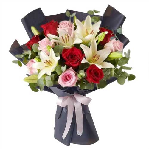 Bouquet of mix roses and Lilies, luxury wrapping - for online delivery for your love - birthday anniversary congratulations good-luck - free urgent delivery India - Delhi Mumbai Bangalore Pune Hyderabad Chennai Kolkata Ahmedabad NOIDA Gurugram